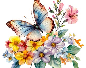 12 Floral Butterfly Clipart | Botanical Insect Watercolor Art | Colorful Garden Nature Illustration JPG