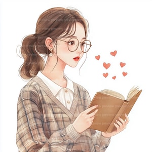 12 Book Lover Clipart, Librarian Girl Clipart, Reading Girl Watercolor Clipart for Scrapbooking | High-Quality JPGs | Digital Download
