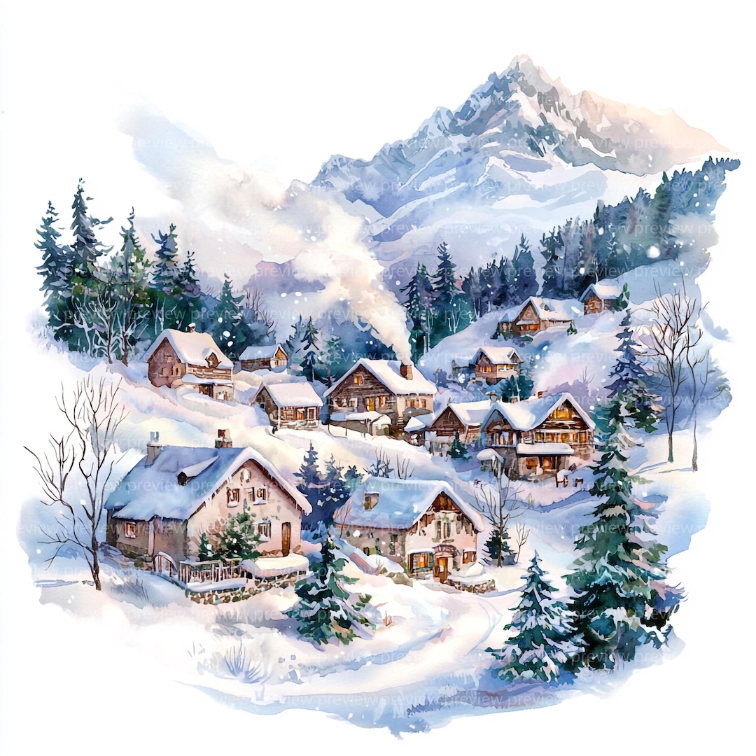 12 Watercolor Winter Village Clipart | Snowy Alpine Scene | Cozy ...