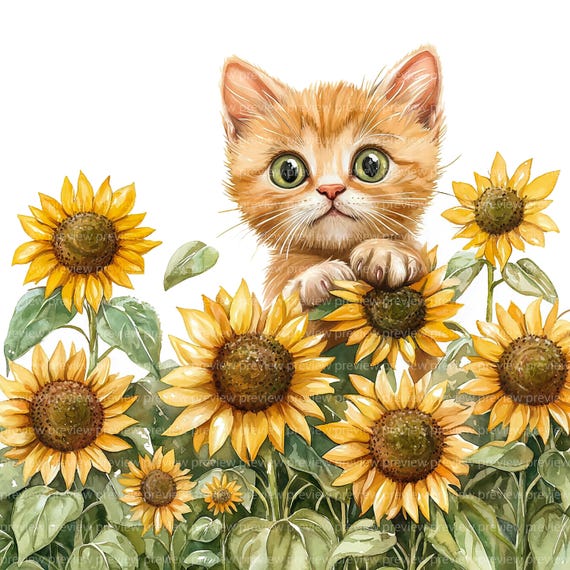 ひまわり猫のクリップアート12点セット｜花柄水彩画風の子猫