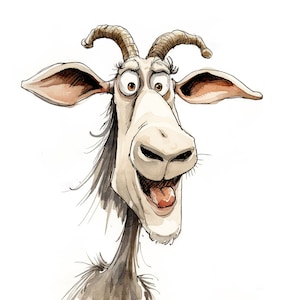 May include: A whimsical watercolor illustration of a goat's head. The goat has large, expressive eyes, curved brown horns, and a wide, open mouth revealing a pink tongue. The goat's fur is white and gray.