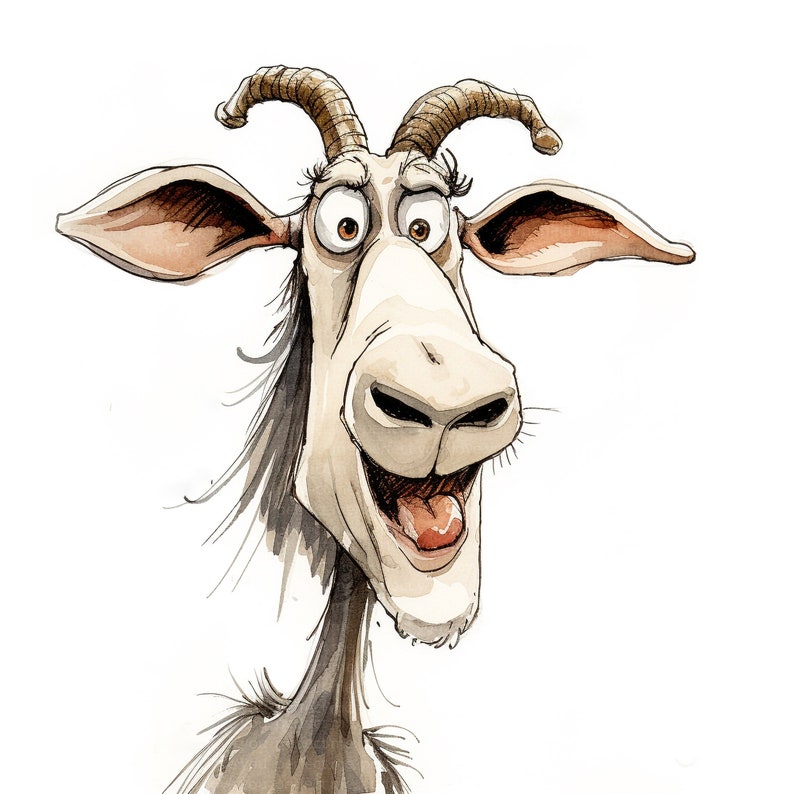 May include: A whimsical watercolor illustration of a goat's head. The goat has large, expressive eyes, curved brown horns, and a wide, open mouth revealing a pink tongue. The goat's fur is white and gray.
