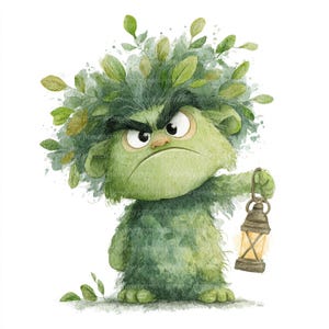 May include: A watercolor illustration of a grumpy green forest creature with a bushy head of leaves, thick eyebrows, and a scowling expression. The creature holds a small, lit brown lantern in one hand, casting a soft yellow glow from within.