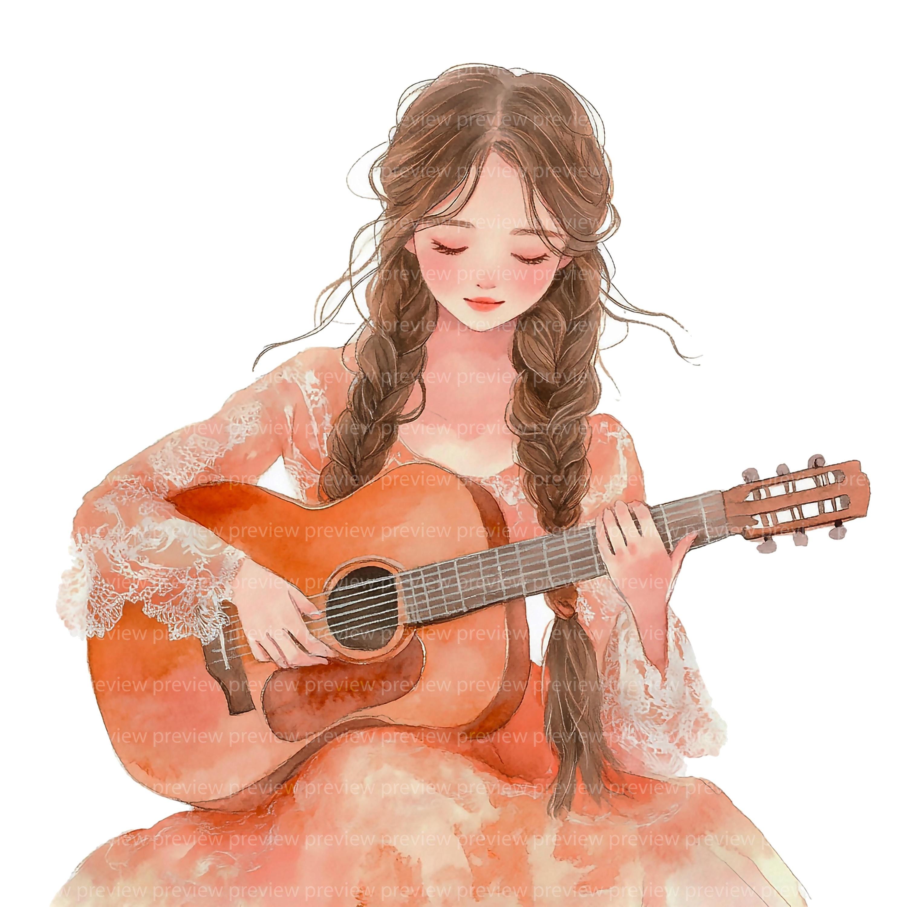 人物画　点描画　 「Female Guitarist」 12 Guitarist Girl Clipart | Music Lover Watercolor Art | Elegant