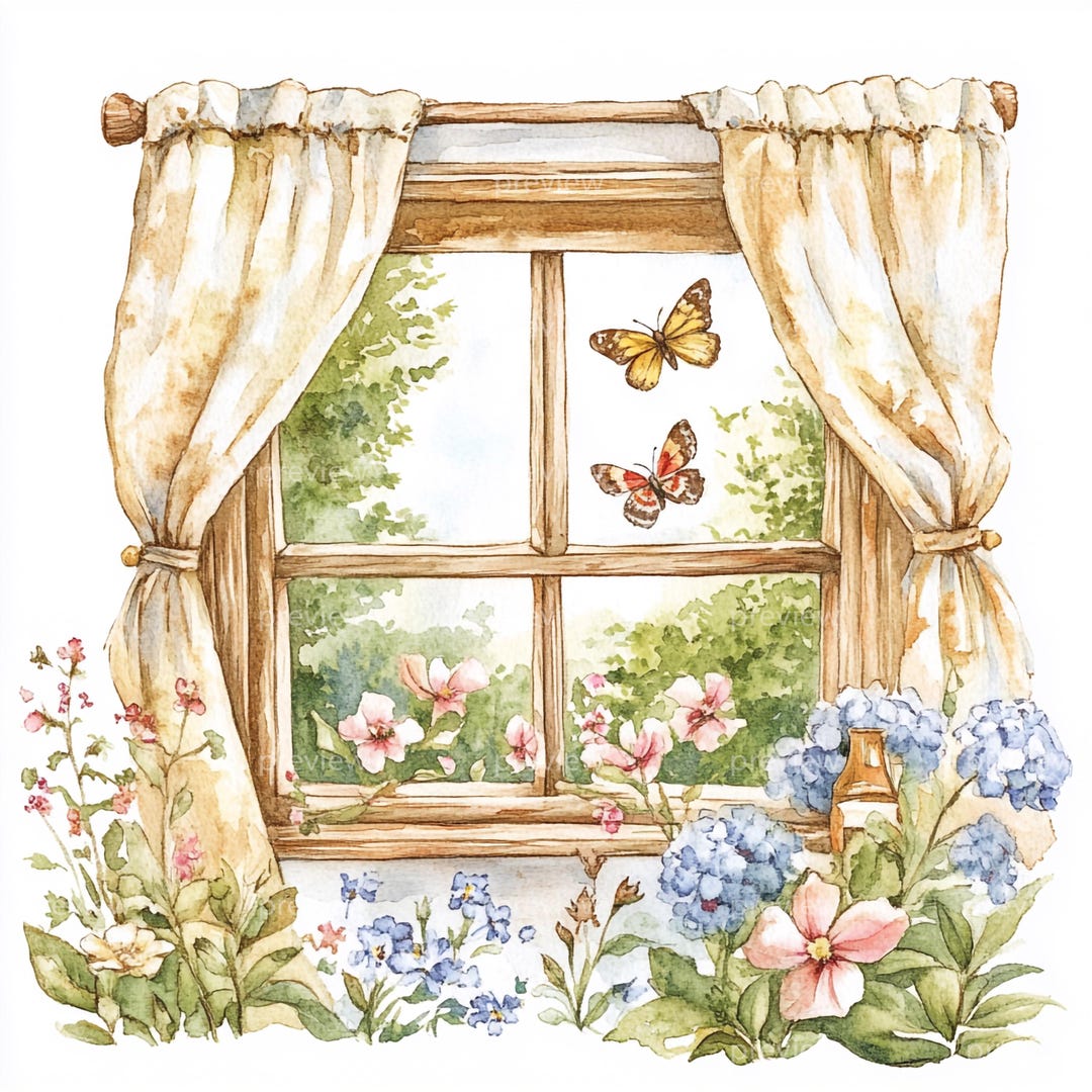 Watercolor Spring Clipart: Cozy Floral Window Scene (jpgs, Digital ...