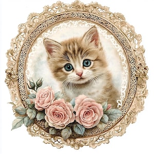 11 Vintage Cat Clipart, Kitten in Frame Clipart, Watercolor Clipart for Scrapbooking & Journals | High-Quality JPGs | Digital Download