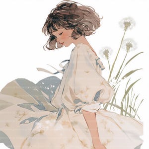 Dandelion Girl Clipart: Watercolor White Dress Art (JPGs, Digital Download, Commercial Use)