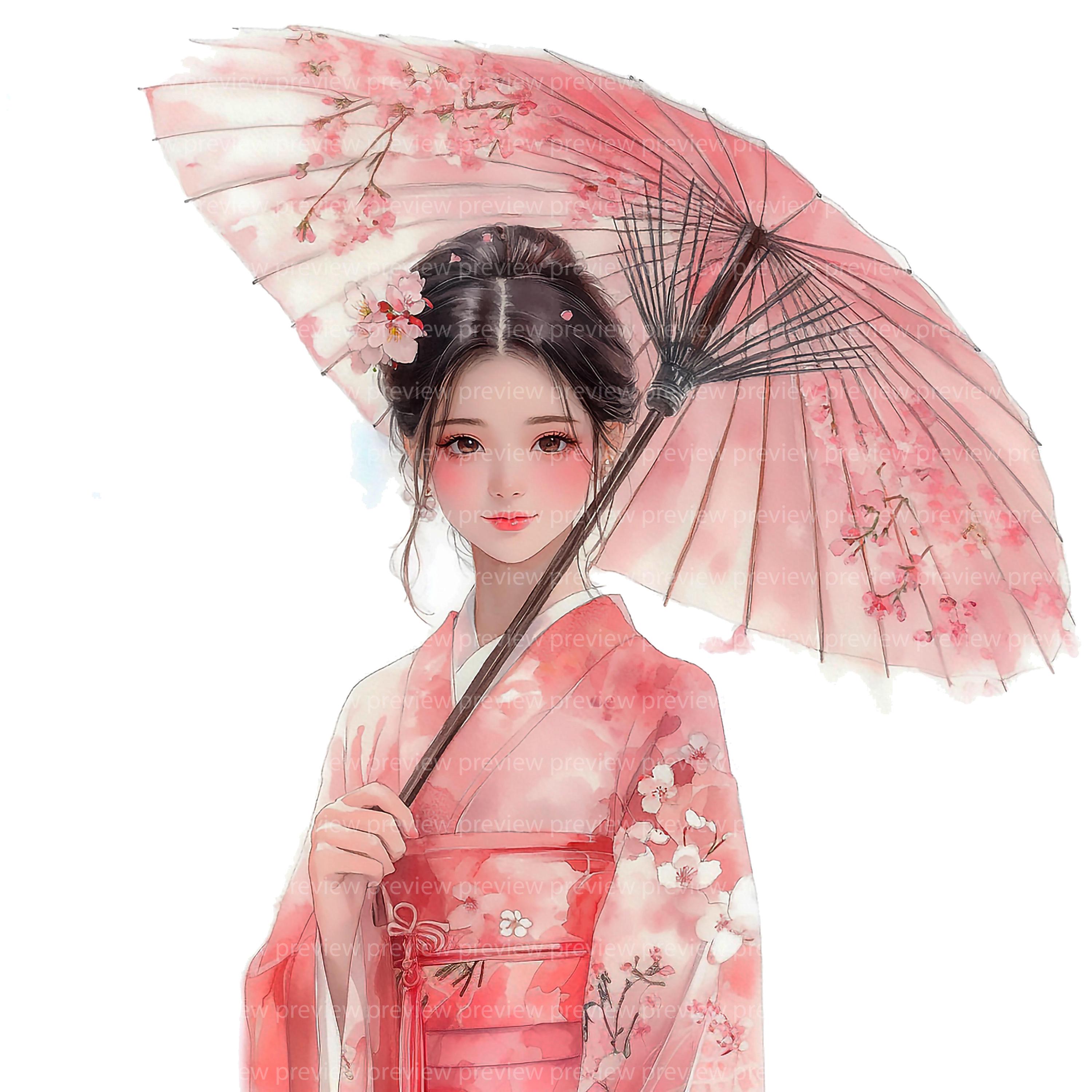 12 Kimono Girl Clipart | Cherry Blossom Watercolor Portrait Art