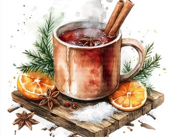 16 Watercolor Mulled Wine Clipart | Festive Winter Drink (JPGs, Commercial Use)