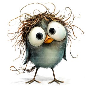 May include: A whimsical illustration of a wide-eyed bird with exaggerated features. The bird has large, round eyes, a small orange beak, and messy brown hair. Its body is a muted blue-gray, and it stands on thin legs against a white background.