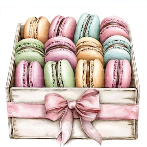 May include: Watercolor illustration of a wooden box filled with colorful macarons. The macarons are in shades of pink, green, blue, and tan, with chocolate filling. A pink ribbon and bow adorn the front of the box, adding a touch of elegance. A sweet treat.