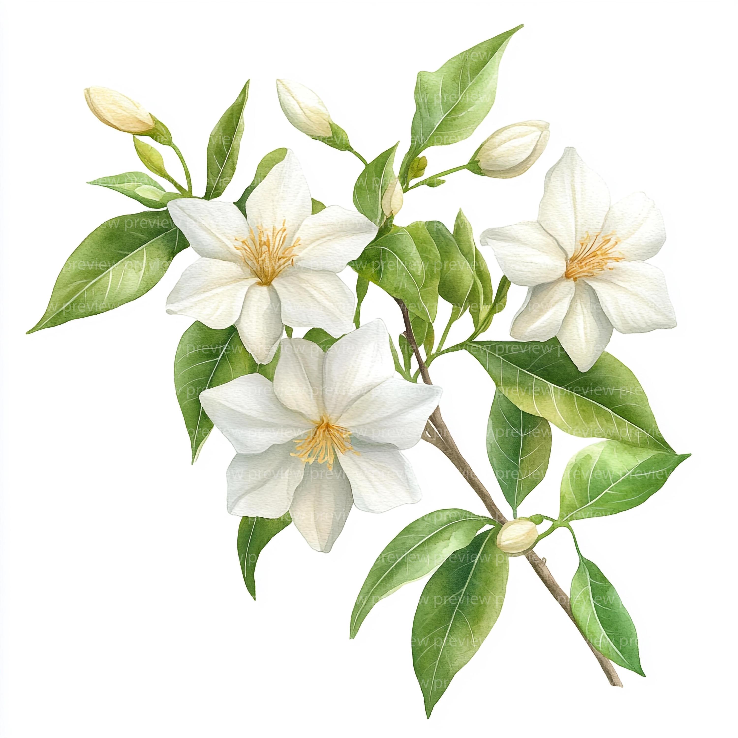 15 Watercolor Jasmine Clipart | White Flower Art | Tropical Floral ...