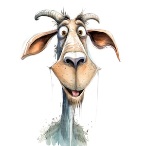 May include: Watercolor illustration of a goat with a surprised expression. The goat has large, expressive eyes, curved horns, and a long, drooping beard. The color palette includes shades of brown, tan, and gray, with a white background.