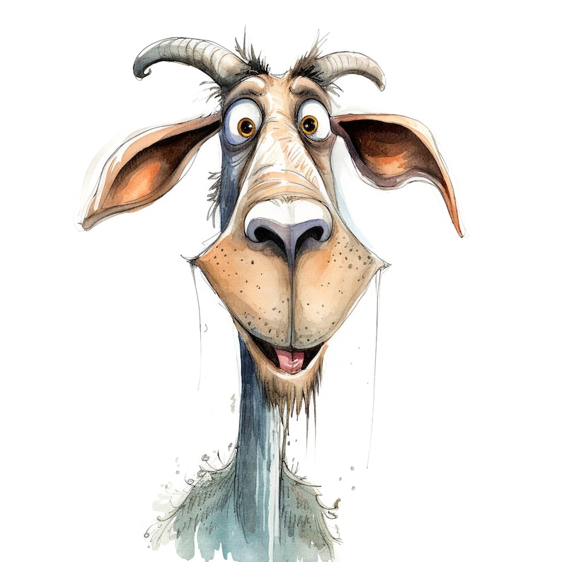 May include: Watercolor illustration of a goat with a surprised expression. The goat has large, expressive eyes, curved horns, and a long, drooping beard. The color palette includes shades of brown, tan, and gray, with a white background.