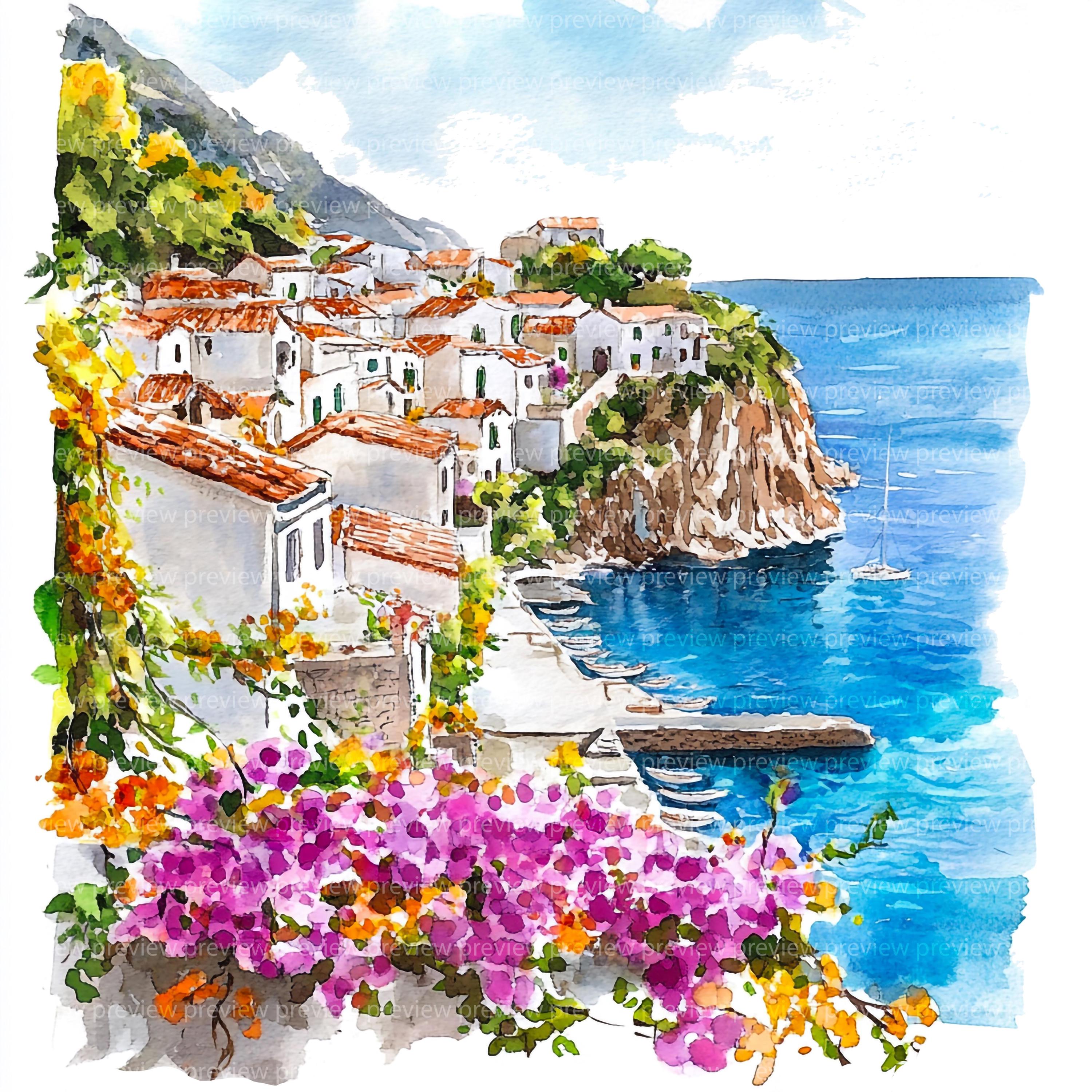 14 サントリーニ島 ギリシャ クリップアート | 地中海旅行 水彩画