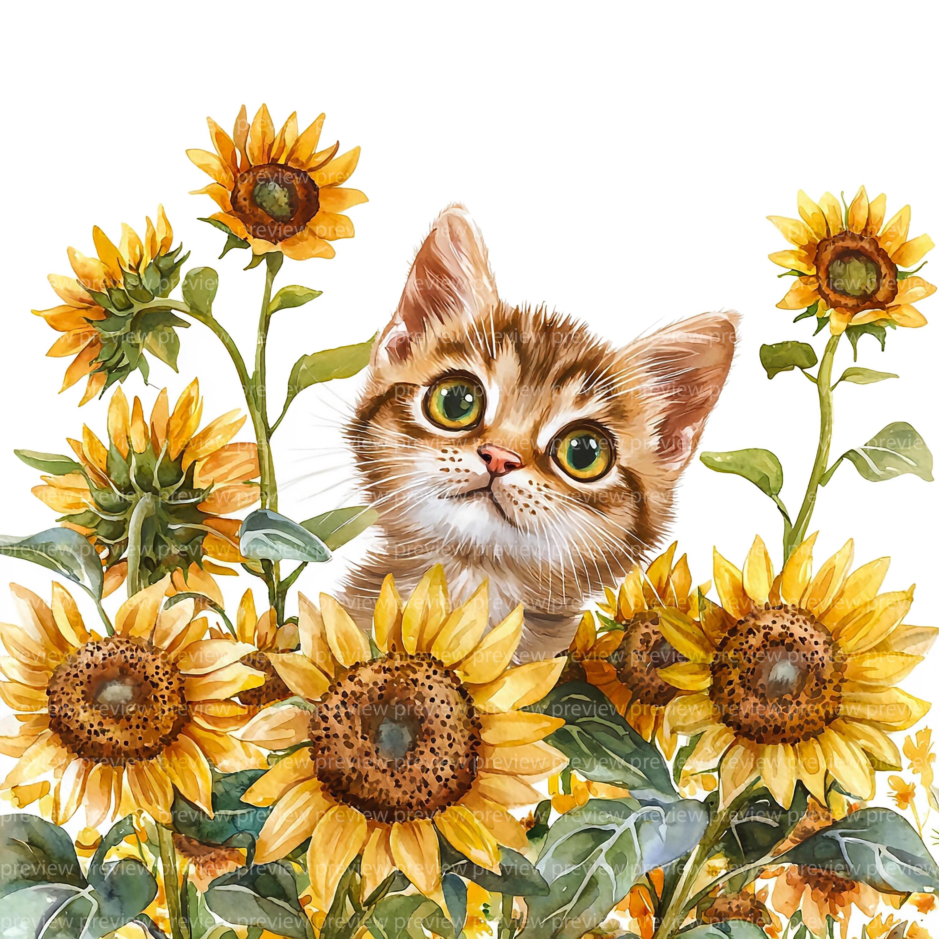 12 Sunflower Cat Clipart Bundle | Floral Watercolor Floral Kitten ...