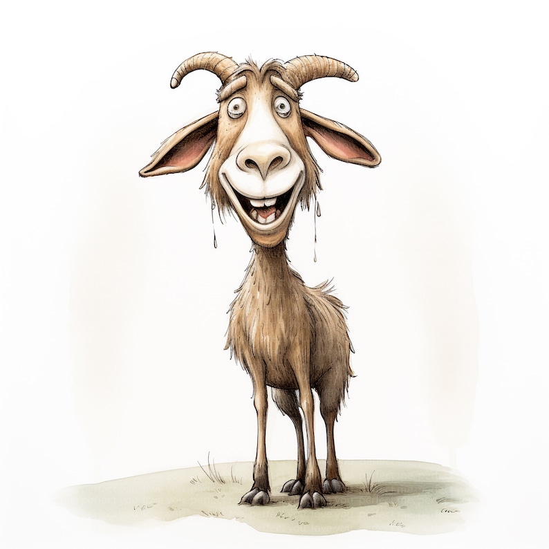 May include: A whimsical illustration of a smiling goat with brown fur, large horns, and a white face. The goat stands on a patch of green grass, with a light background. The goat's expression is jovial and its mouth is wide open.