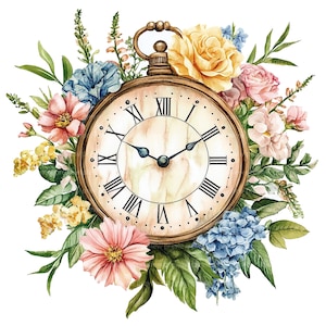 12 Florale Uhr Clipart | Vintage Uhr Aquarell Kunst | Botanische Uhr Natur Illustration JPG