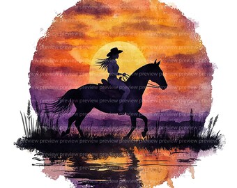 12 Cowgirl on Horseback Clipart | Sunset Riding Watercolor Art | Western Adventure Illustration JPG