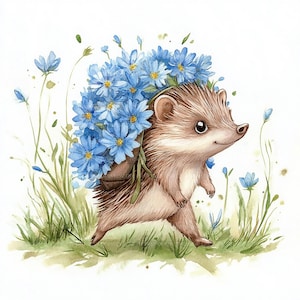 12 clipart fofos de ouriço com flores, clipart de ouriço com mochila | clipart em aquarela | JPGs de alta qualidade | download digital