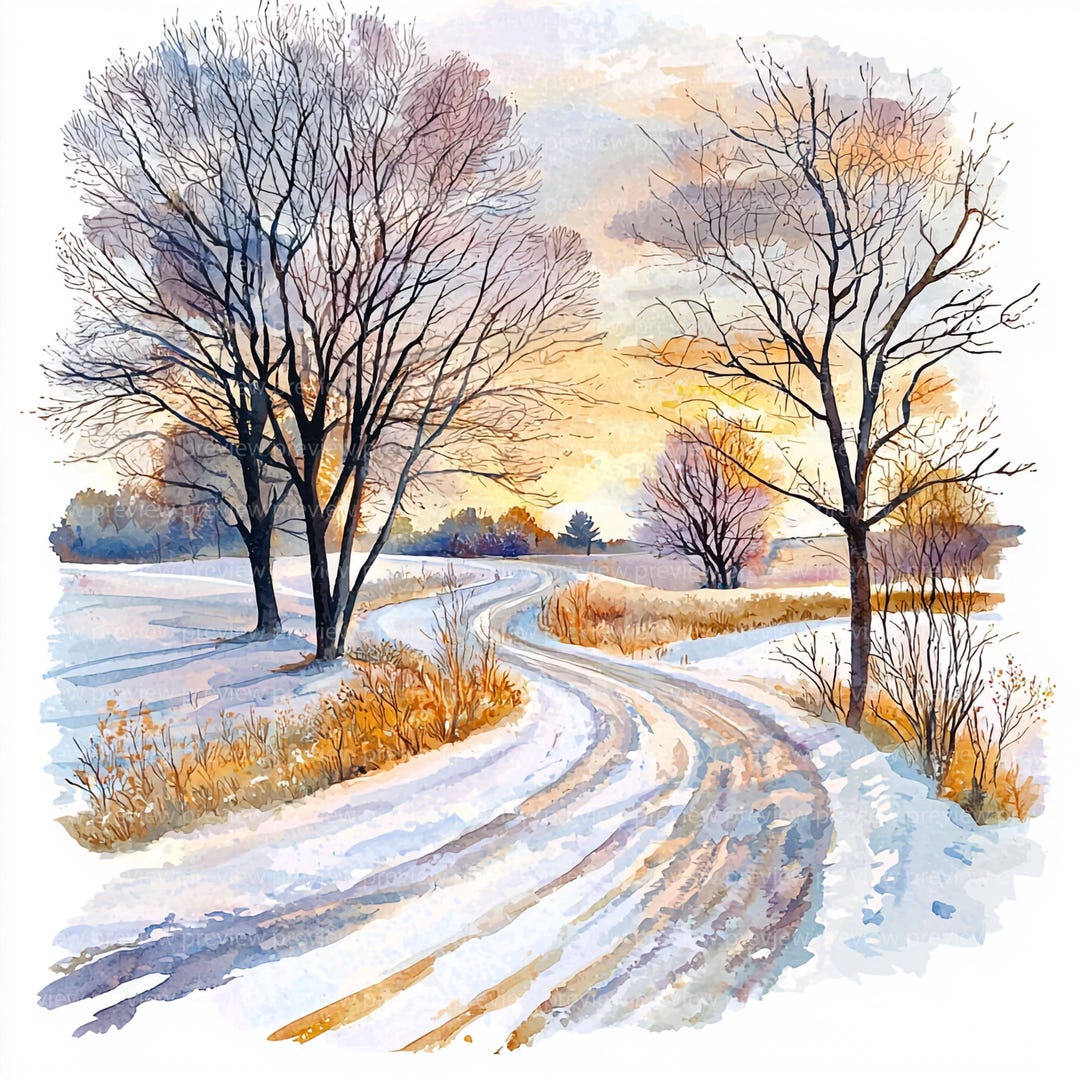 12 Watercolor Winter Road Clipart | Snowy Landscape Illustrations (jpgs ...