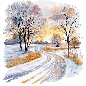 Puede incluir: Pintura a la acuarela de un paisaje invernal nevado. Un camino sinuoso cubierto de nieve atraviesa un campo flanqueado por árboles desnudos. El cielo transita del amarillo al naranja, sugiriendo un amanecer o atardecer.