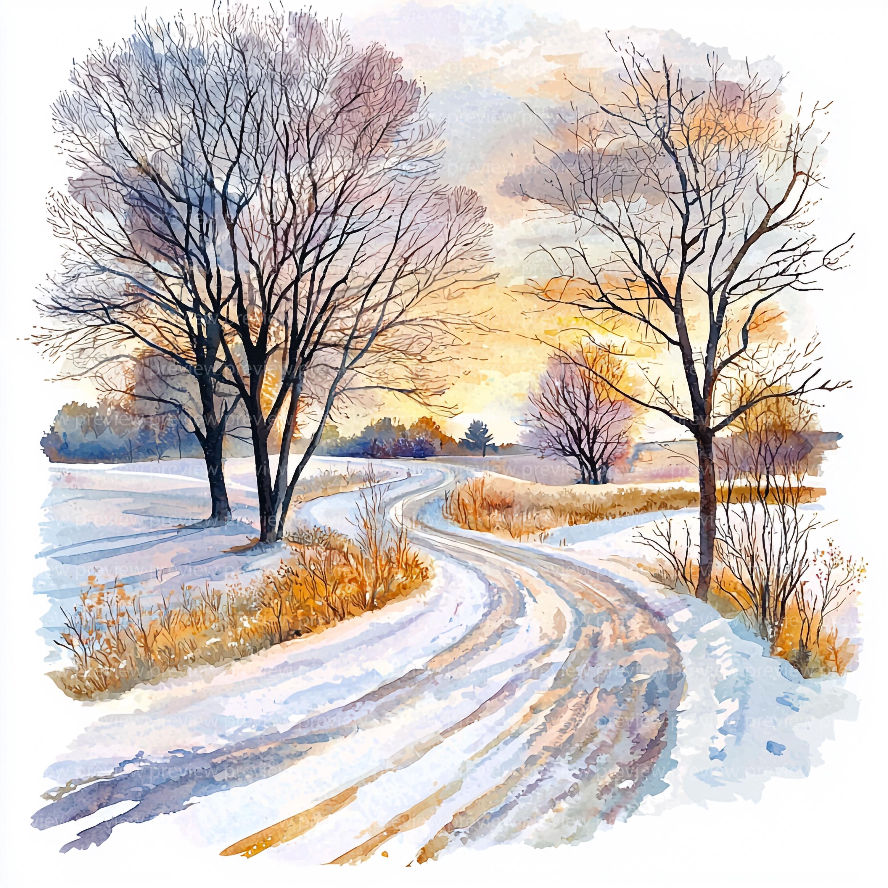 12 Watercolor Winter Road Clipart | Snowy Landscape Illustrations (jpgs ...