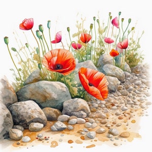 Watercolor Poppies Clipart: Watercolor Floral Art (JPGs, Digital Download, Commercial Use)