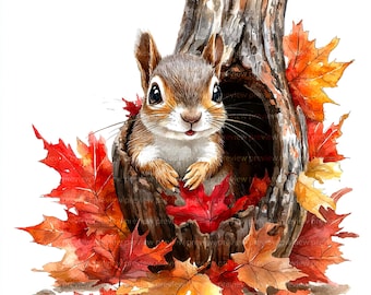 Op de afbeelding: Waterverfillustratie van een schattig eekhoorntje dat uit een boomstronk kijkt. Het eekhoorntje is bruin en wit, omringd door levendige rode, oranje en gele herfstbladeren. Het kunstwerk heeft een grillig, seizoensgebonden thema.