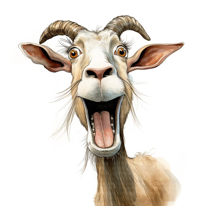 May include: Watercolor illustration of a goat with wide eyes and an open mouth, showcasing a surprised or excited expression. The goat has brown horns, long eyelashes, and a light brown and white coat, set against a white background.