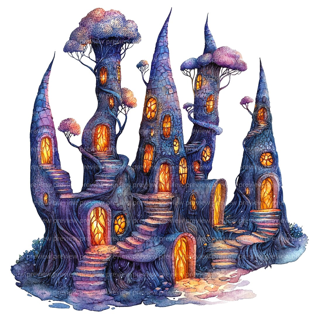 20 Elf Village Clipart | Tree Tower Fantasy Architecture Art | Glowing ...