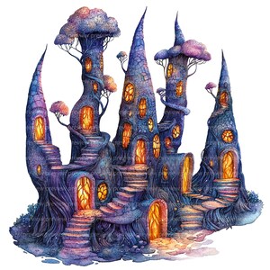 May include: Watercolor illustration of a whimsical fantasy castle. The castle features multiple towers with glowing windows and doors, connected by staircases. The color palette includes shades of purple, blue, and orange, creating a magical atmosphere.