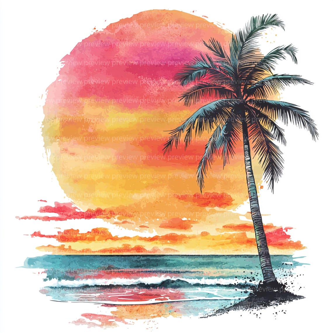 12 Watercolor Beach Sunset Clipart | Palm Tree Ocean Art (jpgs, Digital ...