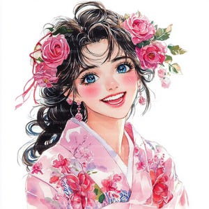 12 Floral Kimono Girl Clipart, Kawaii Girl Clipart, Japanese Woman, Watercolor Cute Girl Clipart | High-Quality JPGs | Digital Download