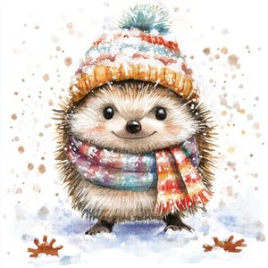 Hérisson aquarelle en robe d'hiver | 12 fichiers JPG haute résolution pour cartes postales d'hiver, agenda numérique et album d'albums d'hiver | Utilisation commerciale