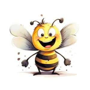 Puede incluir: Una ilustraci&oacute;n de dibujos animados de una abeja sonriente amarilla y negra con ojos grandes y alas. La abeja est&aacute; de pie sobre un fondo blanco con salpicaduras de acuarela.