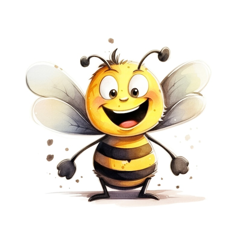 Puede incluir: Una ilustraci&oacute;n de dibujos animados de una abeja sonriente amarilla y negra con ojos grandes y alas. La abeja est&aacute; de pie sobre un fondo blanco con salpicaduras de acuarela.