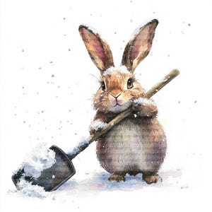 Puede incluir: Ilustración en acuarela de un conejo marrón sosteniendo una pala llena de nieve. El conejo tiene orejas largas y está cubierto de nieve. El fondo es blanco con copos de nieve cayendo. Una encantadora escena invernal.