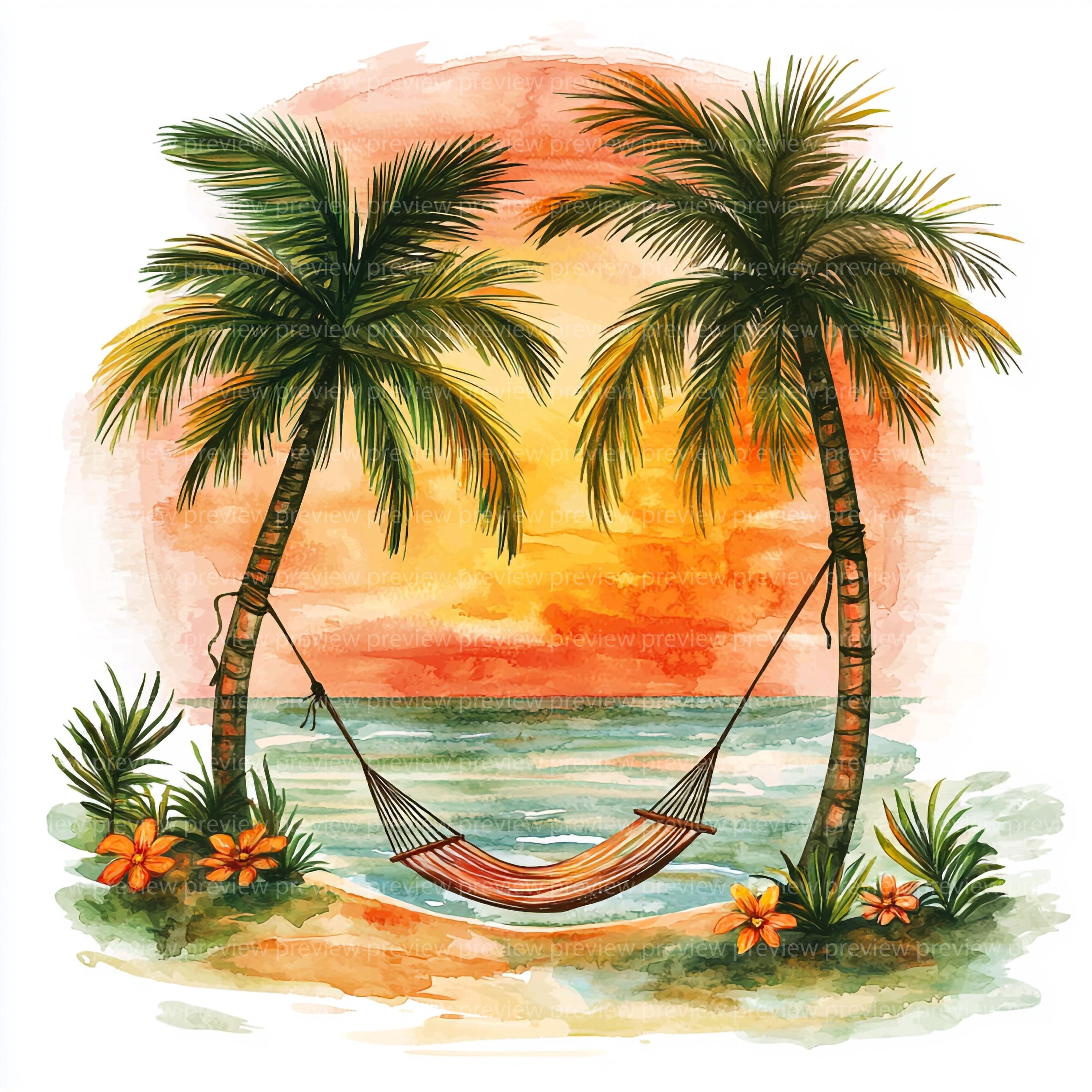12 Watercolor Beach Sunset Clipart | Palm Tree Ocean Art (jpgs, Digital ...