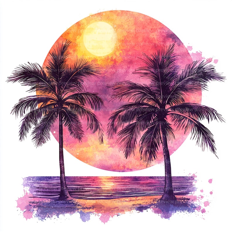 12 Watercolor Beach Sunset Clipart | Palm Tree Ocean Art (jpgs, Digital ...