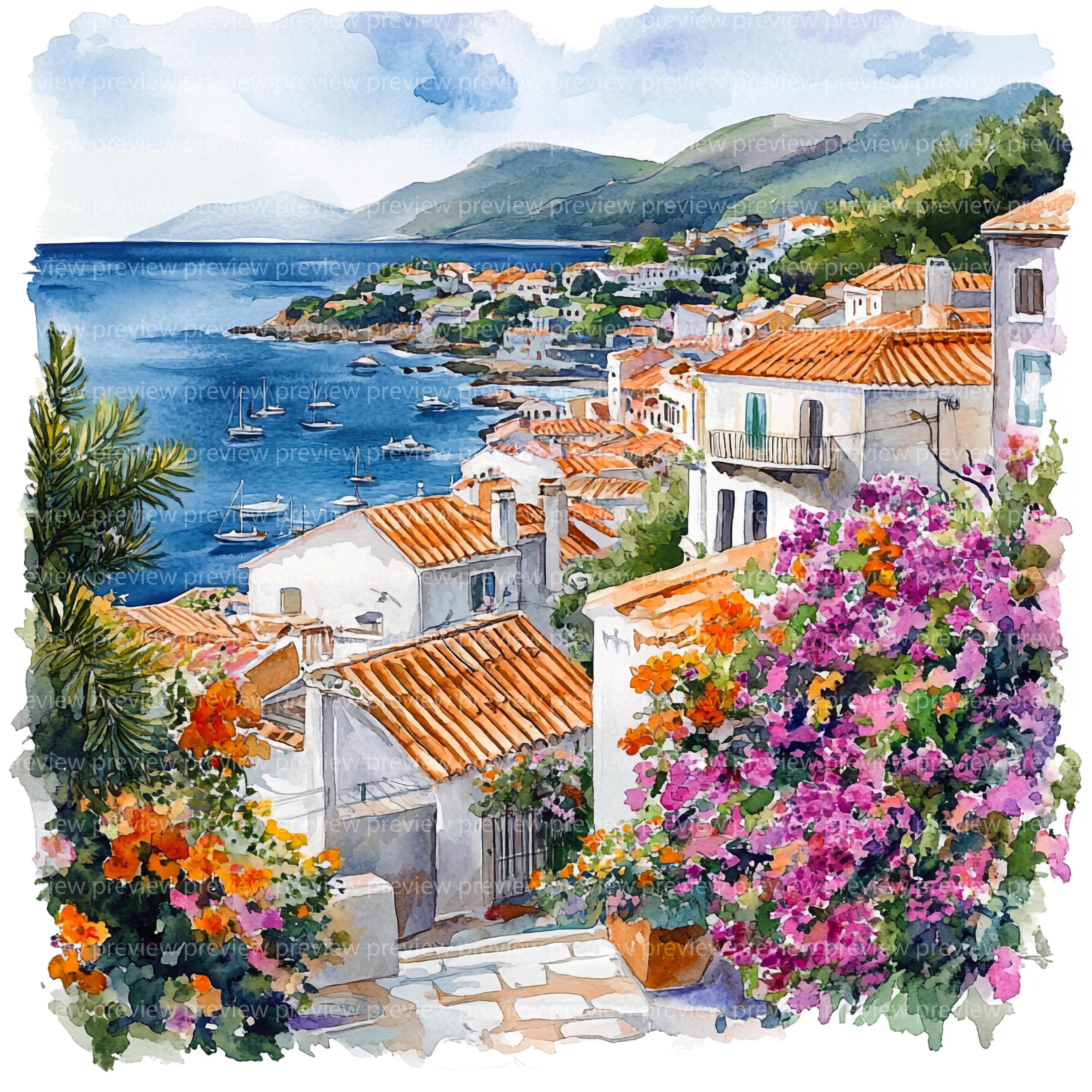 14 サントリーニ島 ギリシャ クリップアート | 地中海旅行 水彩画