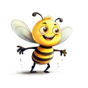 Puede incluir: Una abeja de dibujos animados con un cuerpo amarillo, rayas negras y grandes ojos marrones sonr&iacute;e con la boca abierta. La abeja tiene peque&ntilde;as patas negras y grandes alas grises.