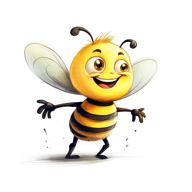 Puede incluir: Una abeja de dibujos animados con un cuerpo amarillo, rayas negras y grandes ojos marrones sonr&iacute;e con la boca abierta. La abeja tiene peque&ntilde;as patas negras y grandes alas grises.