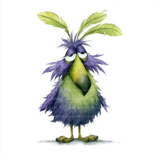 May include: A whimsical watercolor illustration of a grumpy-looking bird. The bird features a large yellow beak, purple and green feathers, and two green feather-like appendages on its head. The bird has a slightly annoyed expression.