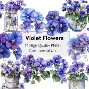 Clipart de flores violetas em aquarela | 14 PNGs de alta qualidade para arte de parede floral, planejador digital e diário de lixo | Uso comercial