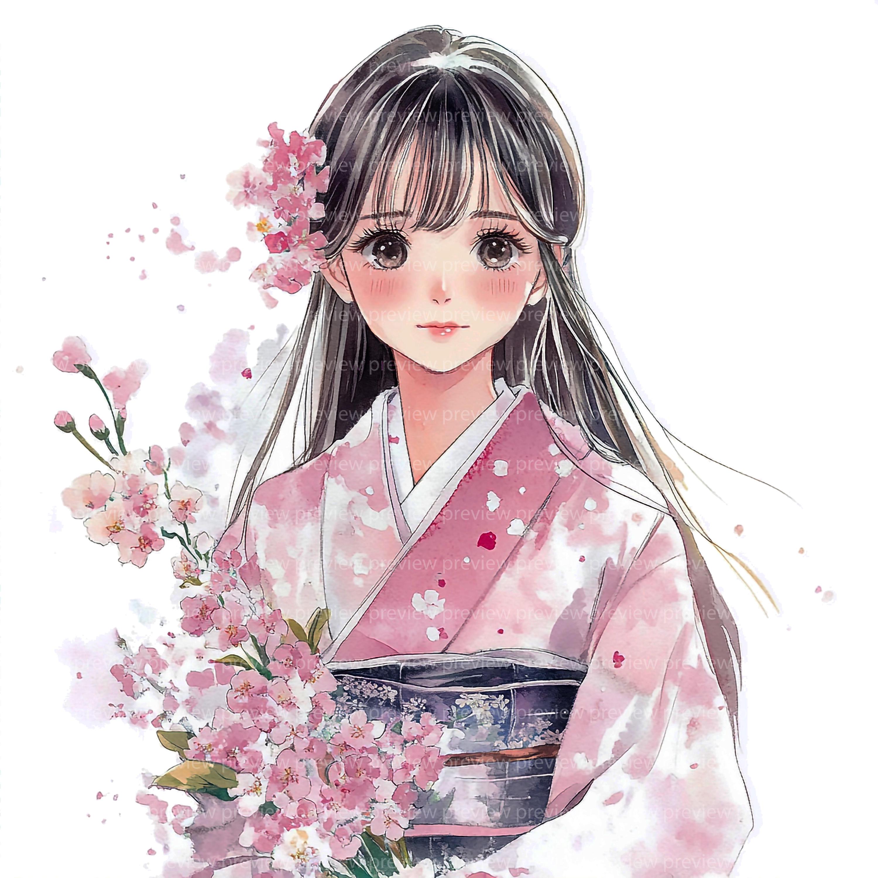 12 Kimono Girl Clipart | Cherry Blossom Watercolor Portrait Art