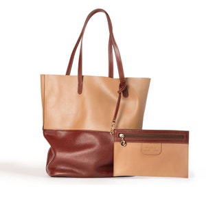 Two-Tone Tote Bag with Matching Pouch for Women, Genuine Leather Shoulder Bag