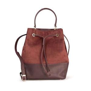 Suede Leather Bucket Bag Purse, Women&#39;s Genuine Leather Shoulder Bucket Bag Handmade with Adjustable Strap