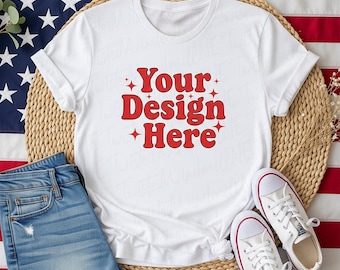 MOCKUP, weiße Farbe Shirt Mockup, 4. Juli Shirt Mockup, natürliches Mockup, Vaterländisches Mockup, Unabhängigkeitstag Shirt Mockup, Flat Lay Mockup