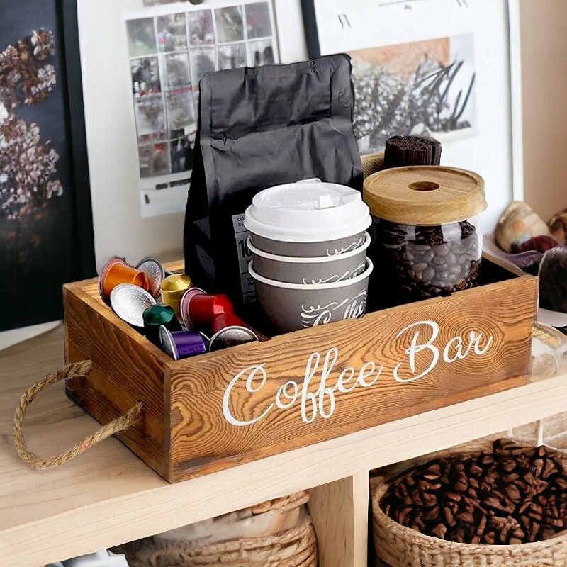  Organizador de estación de café, accesorios y almacenamiento de  barra de café para encimera, soporte para cápsulas de café, organizador de  cajas de almacenamiento, estación de café, soporte para tazas 